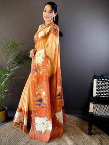 Orange Chanderi Pichwai Print Saree