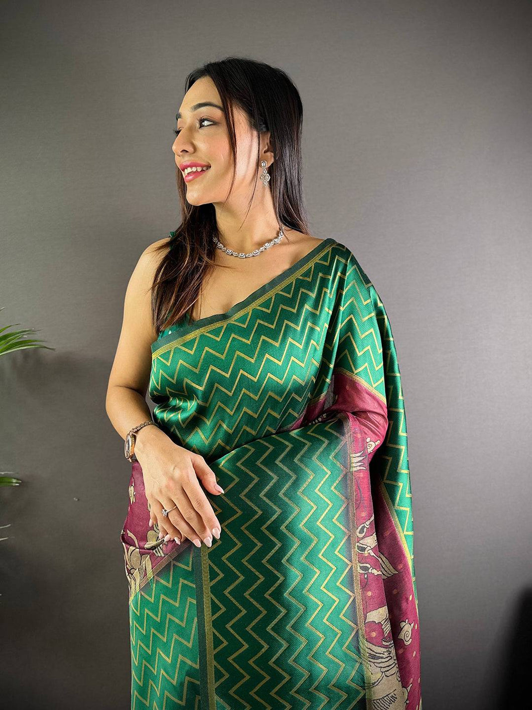 Green Heritage Weave Kalamkari Soft Silk Saree