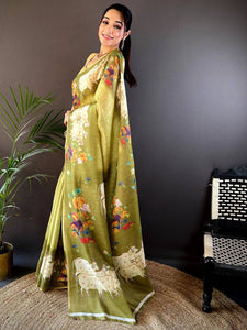 Green Chanderi Pichwai Print Saree