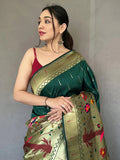 Bottle Green Paithani Big Border Zari Woven Saree