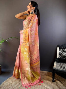 Pink Abstract Floral Zari Tussar Saree