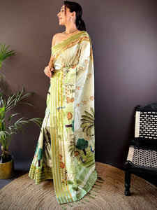 Elegant Soft Silk Pista Pichwai Prints Saree