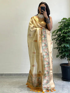 Exclusive Soft Gold Zari Tissue Digital Print Saree