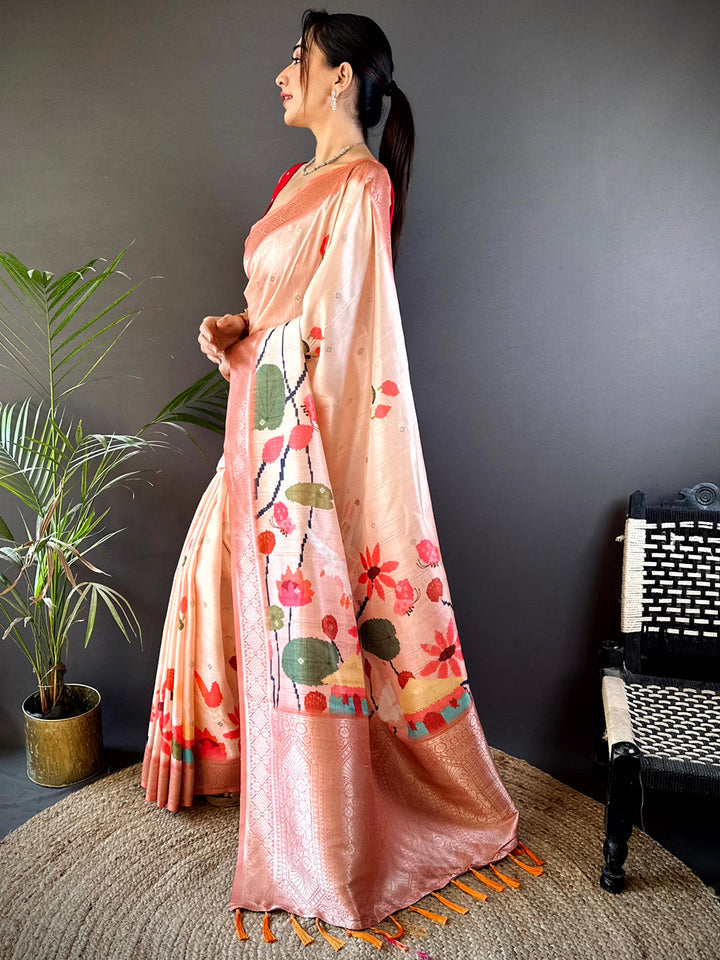 Peach Floral Gold Zari Slub Silk Saree