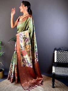 Olive Ombre Floral Digital Print Saree