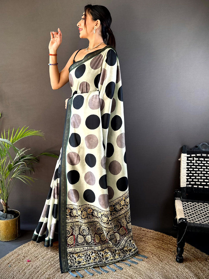 Pista Soft Silk Polka Dot Print Saree