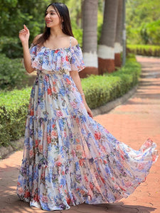 Floral off-shoulder maxi dress in garden setting