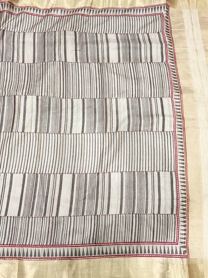 Beige Ghicha Tussar Block Print Saree