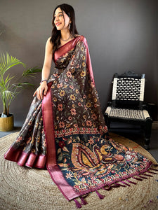 Black Kota Doriya Floral Kalamkari Print Saree