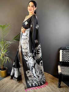 Black Tussar Chex Kalamkari Elegance Saree