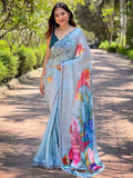 Light Blue Satin Georgette Floral Print Saree