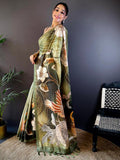 Olive Semi Zari Tussar Botanical Saree