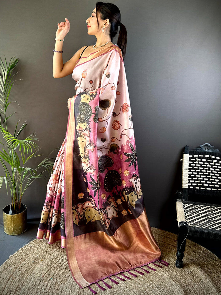 Baby Pink Soft Silk Tissue Pichwai Print Saree