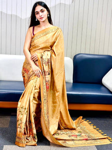 Gold Free Hand Kalamkari Print Saree