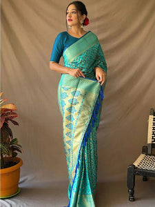 Cerulean Blue Rajkoti Patola Silk Saree with Zari Weave