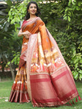 Orange Hand Kalamkari Printed Pure Viscose Dola Silk Saree - Luxe