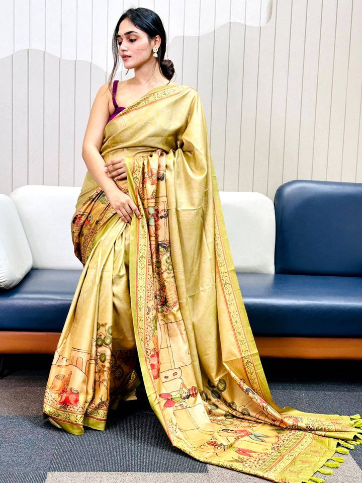 Light Green Free Hand Kalamkari Print Saree