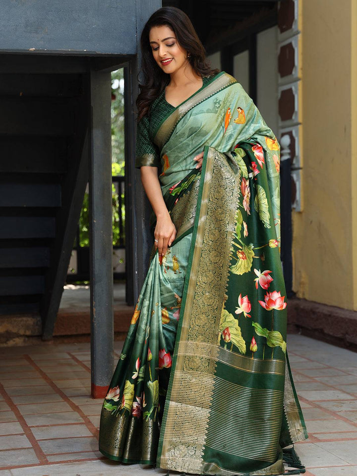 Green Colour Pure Viscose Dola Silk Saree with Floral Print - Luxe