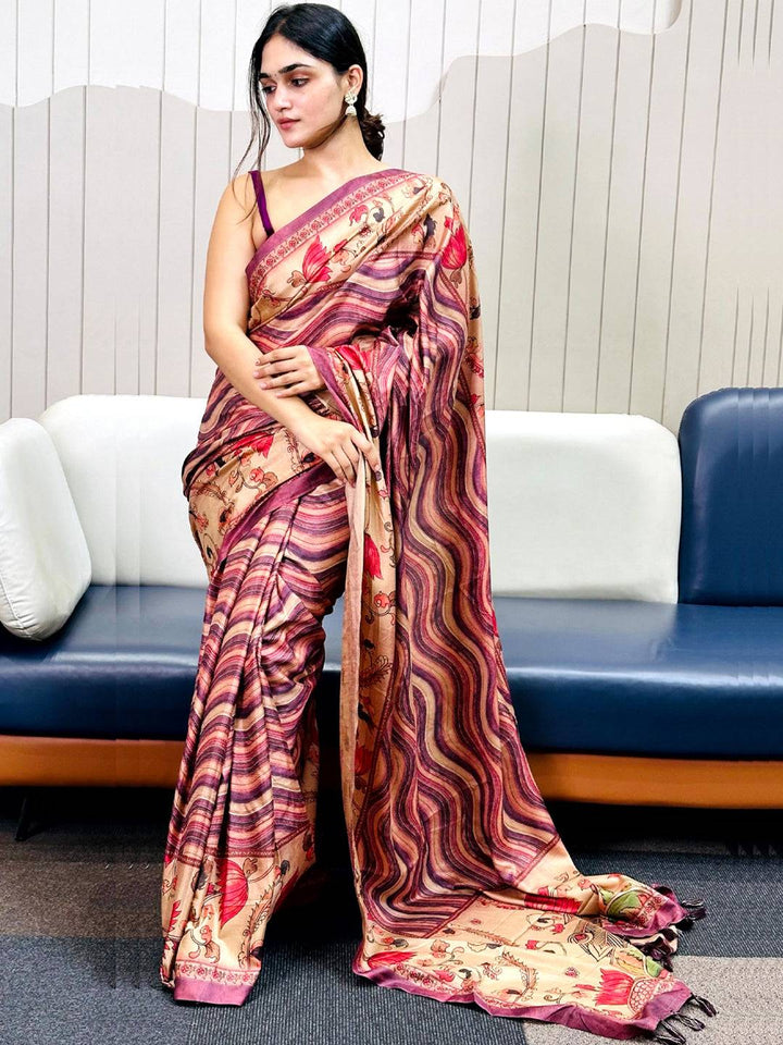 Wine Tussar Silk Kalamakri Flower With Leheriya Print Saree