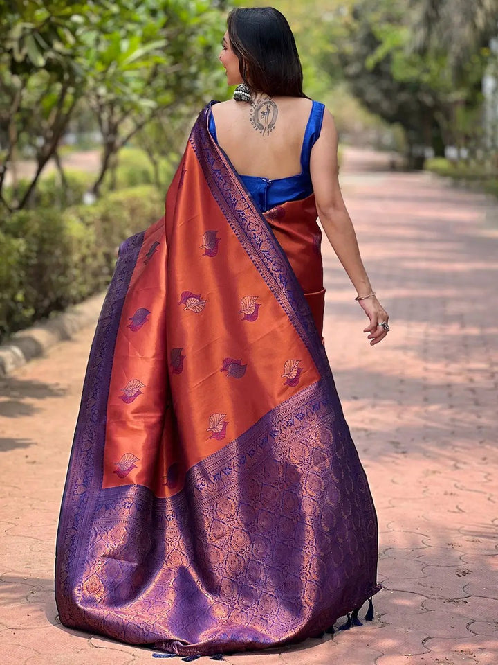 Rust Red Kanjivaram Tissue Saree With Gold Zari Weaving