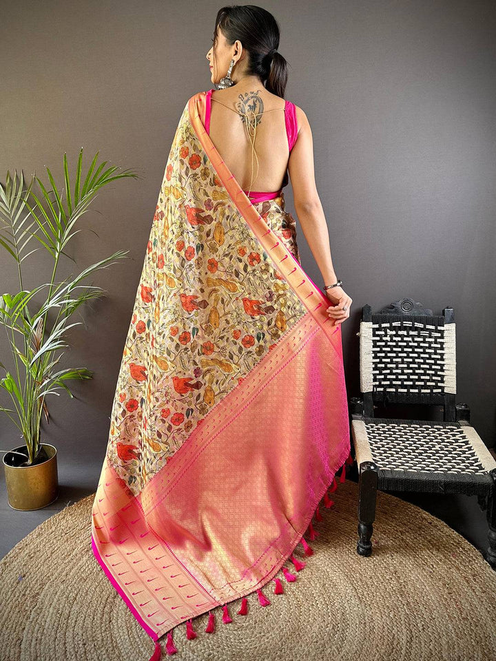 Beige Floral Paithani Kora Silk Saree