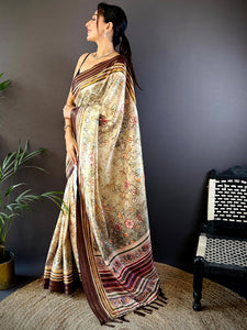 Beige Kalamkari Floral Printed Silk Saree