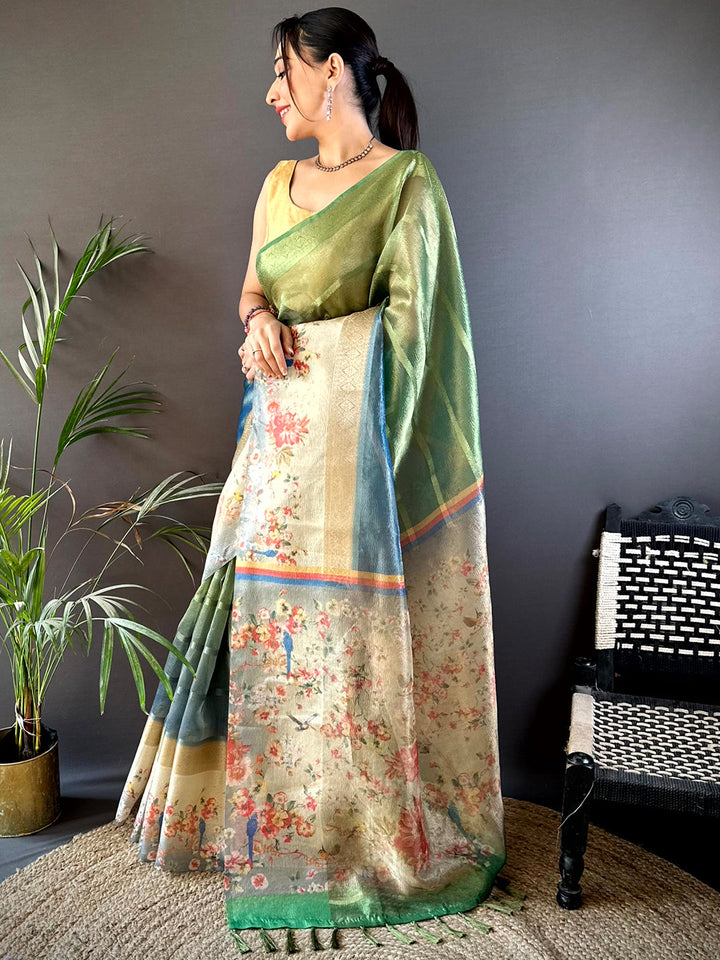 Dark Green Ombre Zari Tissue Digital Print Saree