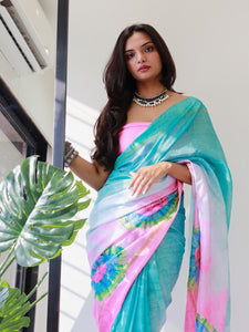 Tie dye Digital printed Satin Kota Doriya Designer Party Wear Saree in Pink Colour