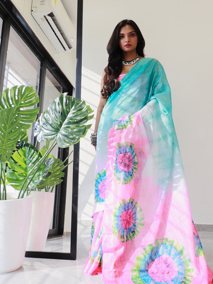 Tie dye Digital printed Satin Kota Doriya Designer Party Wear Saree in Pink Colour