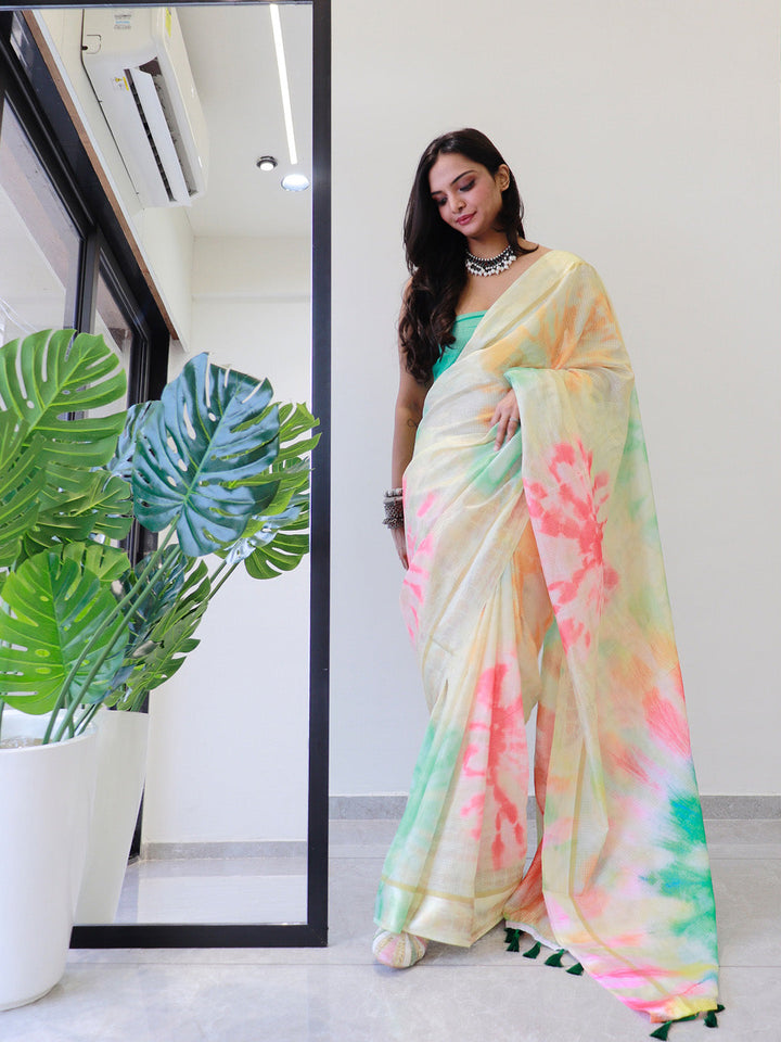 Tie dye Digital printed Doria Designer Party Wear Saree in Multi Colors