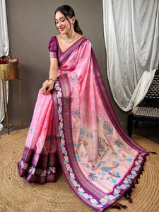 Oriental lily Pink Kota Satin Border Saree