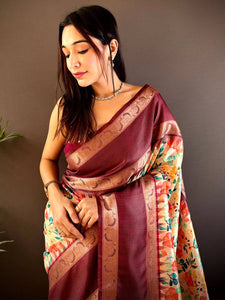 Rich maroon Banarasi soft silk saree with floral design