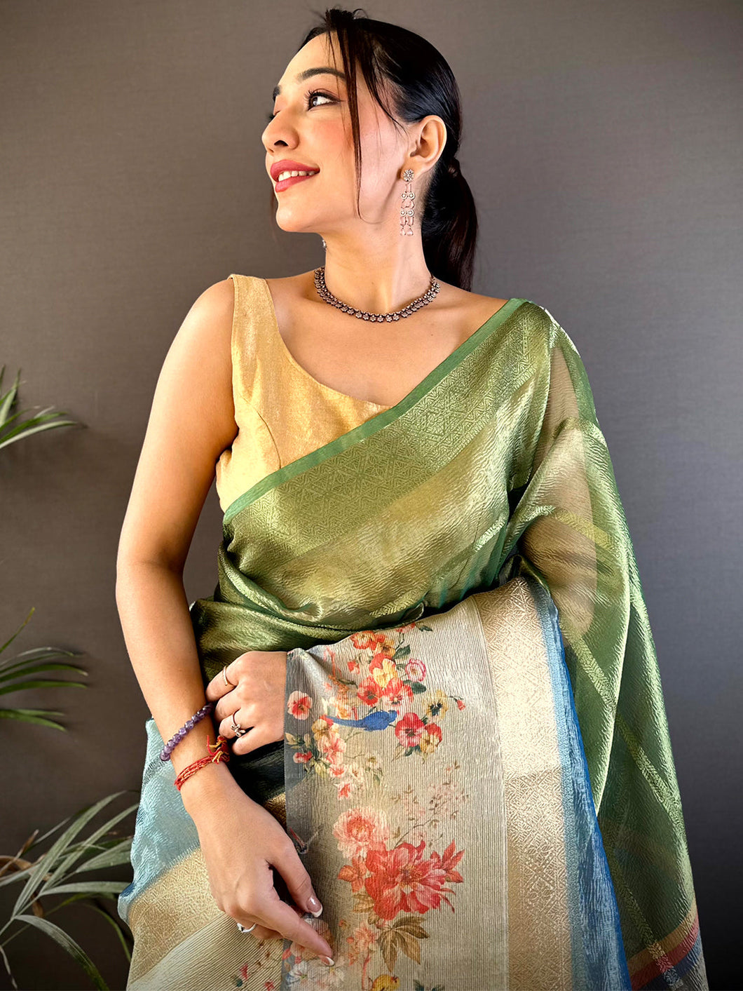 Dark Green Ombre Zari Tissue Digital Print Saree