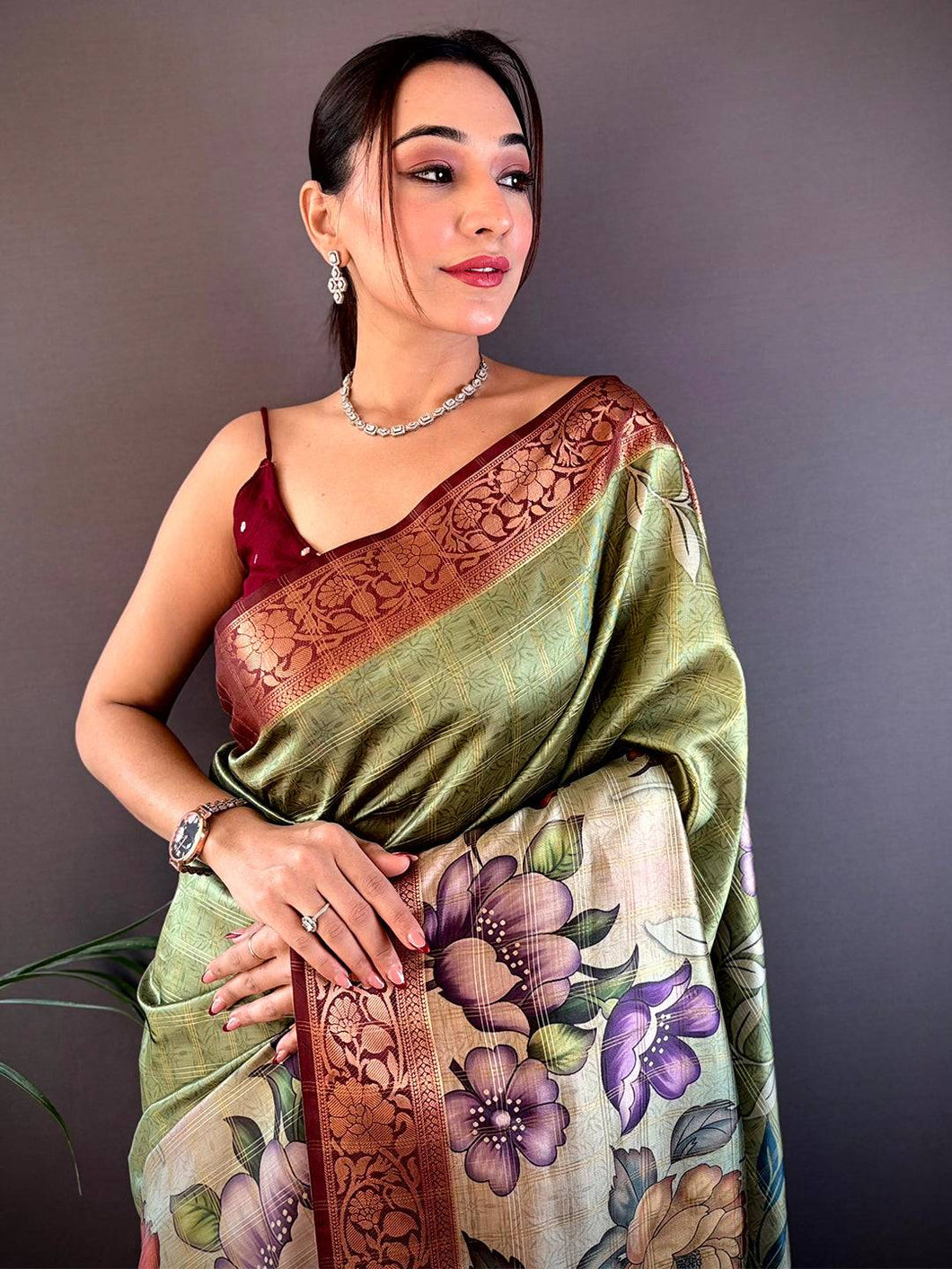 Olive Ombre Floral Digital Print Saree