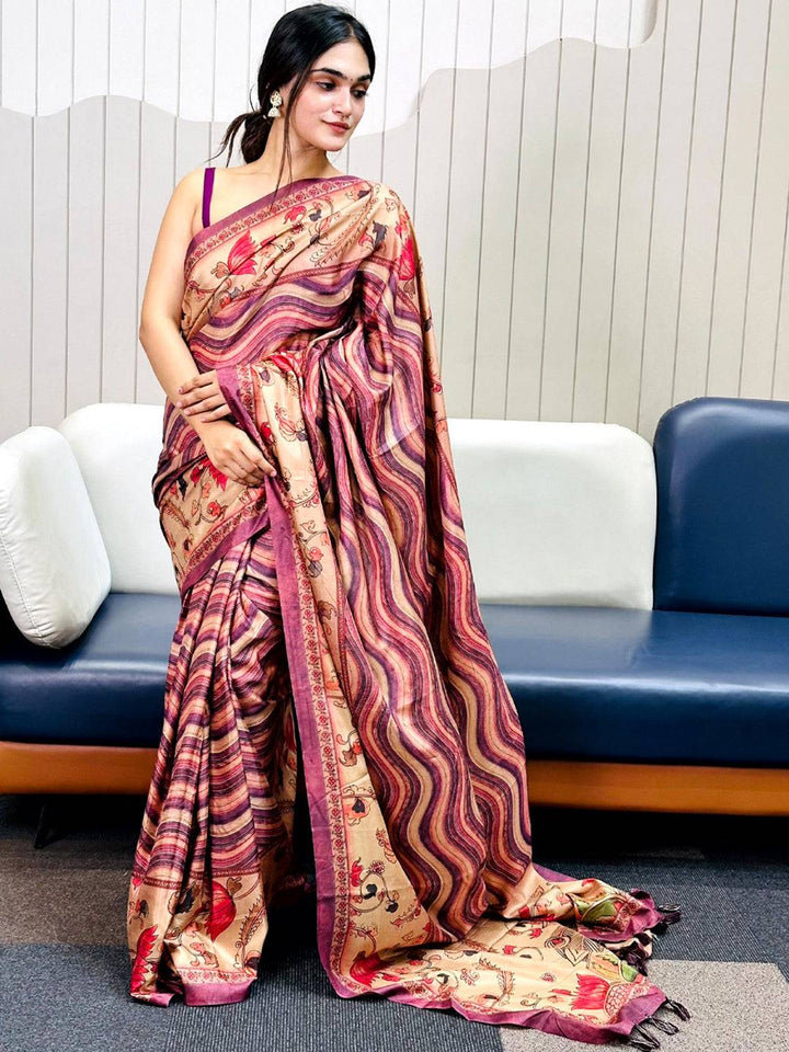 Wine Tussar Silk Kalamakri Flower With Leheriya Print Saree