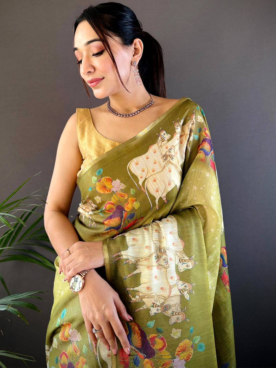 Green Chanderi Pichwai Print Saree