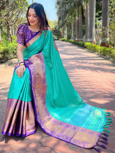 Turquoise Colour Kanjivaram Aura Soft Silk Saree With Broced Zari Blouse