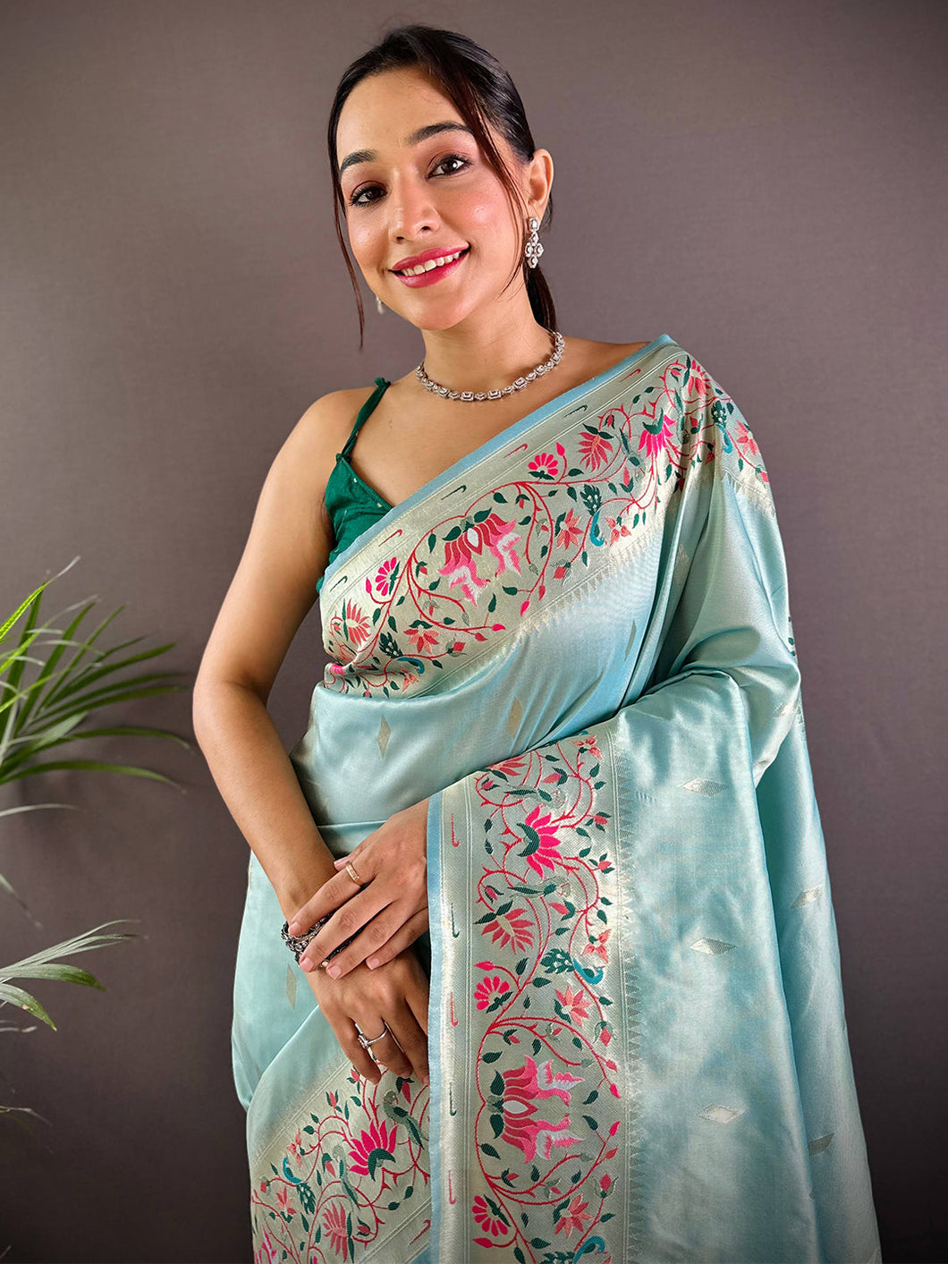 Sky Blue Yevla Paithani Meenakari Saree