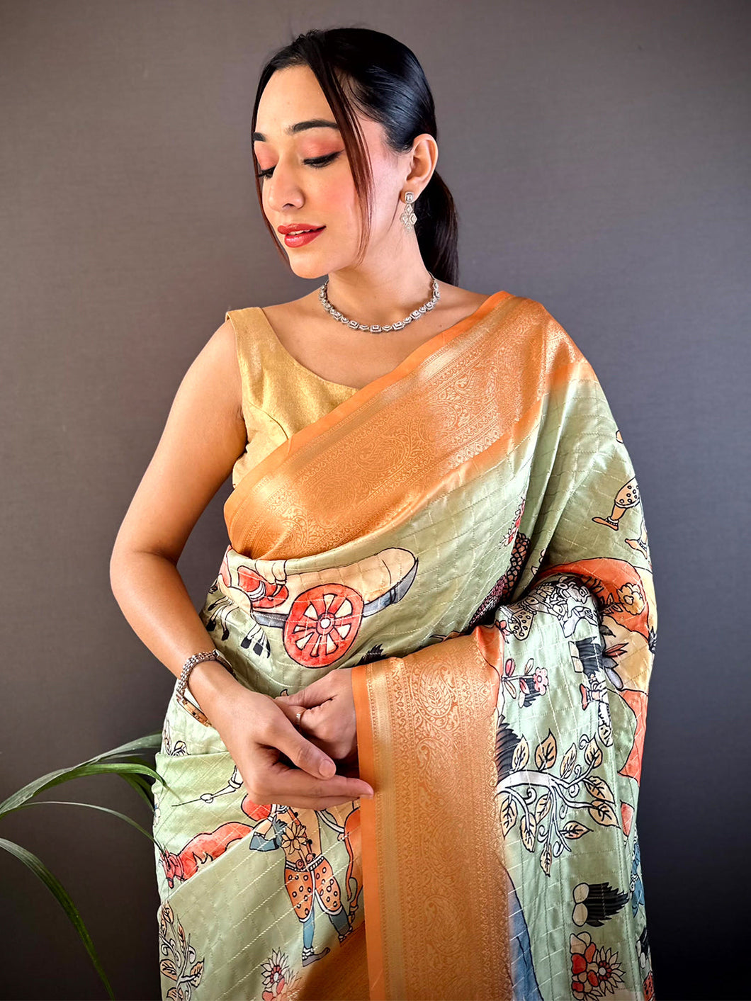 Pista Soft Silk Gold Zari Kalamkari Chex Saree