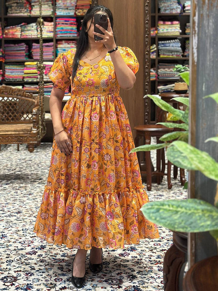 Sunset Yellow V Neck Midi Dress