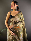 Olive Green Semi Gold Zari Botanical Tussar Saree