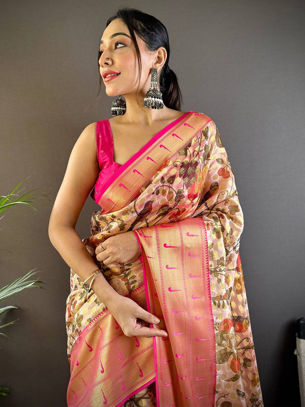 Light Peach Floral Paithani Kora Silk Saree