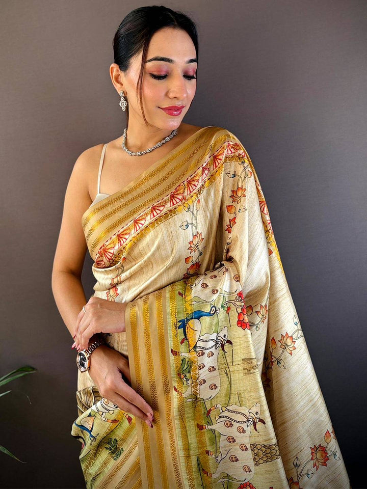 Elegant Soft Silk Beige Pichwai Prints Saree