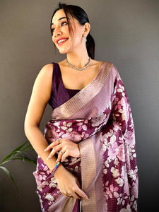 Wine Tussar Chex Floral Saree