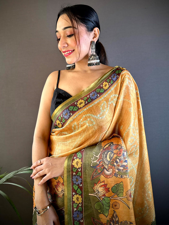 Lemon Yellow Tissue Bandhej Kalamkari Saree