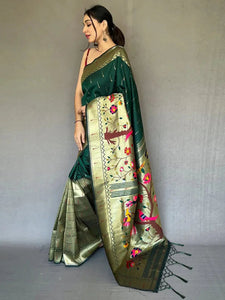 Bottle Green Paithani Big Border Zari Woven Saree