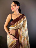 Beige Kalamkari Floral Printed Silk Saree