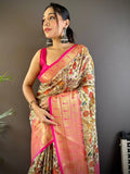 Beige Floral Paithani Kora Silk Saree