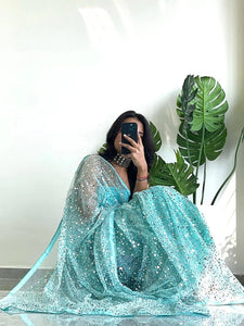 Beautiful Net Saree With Sequins Embroidery Work