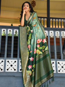 Green Colour Pure Viscose Dola Silk Saree with Floral Print - Luxe